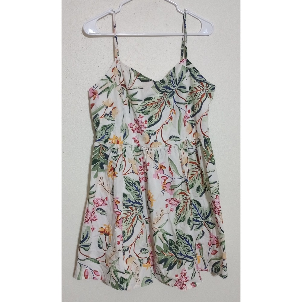 H&M Women Floral Cotton Mini Dress White Tropical Print Smocked Back Size Large